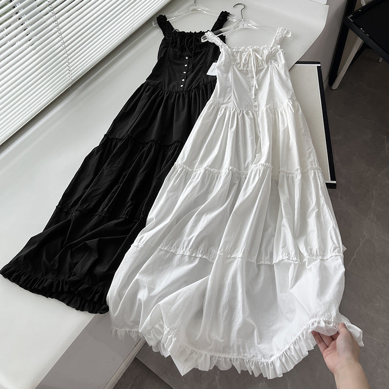 New Lazy Resort Style Pleated Front Cuff Design Extra-Long Dress Goddess Skirt Swing Skirt