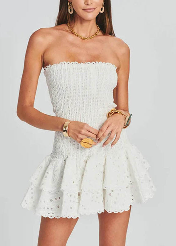 Strapless Smocked Embroidered Cotton Mini Dress
