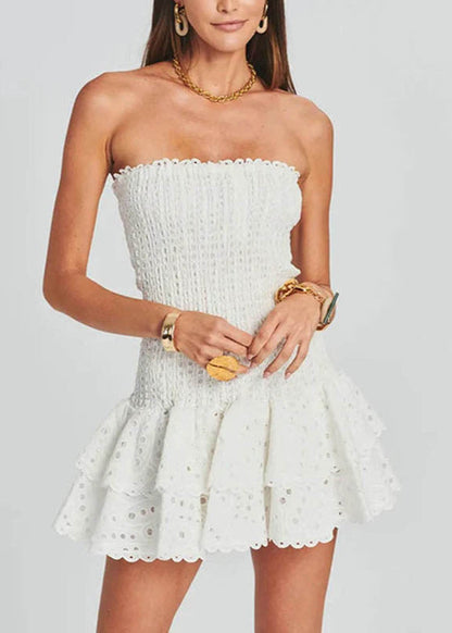 Strapless Smocked Embroidered Cotton Mini Dress