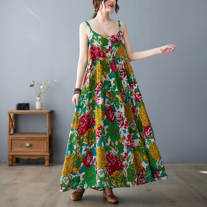 Summer New Women'S Suspender Skirt Age-Reducing Cotton And Linen Large Swing Cake Skirt