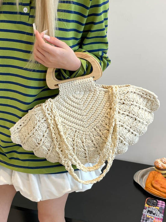 Trendy Handwoven Shell Bag with Crochet Detailing