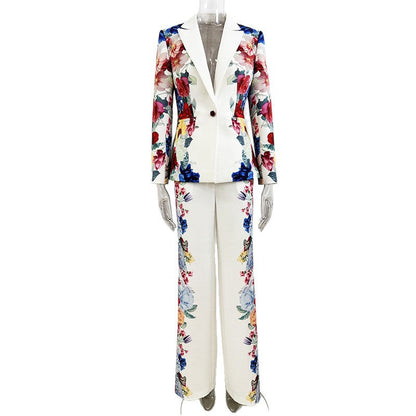 Floral Print Suit Jacket Set Stylish Casual Outfit