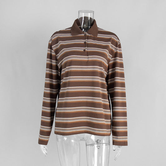 Striped Polo Shirt for Women Loose Fit Retro Style