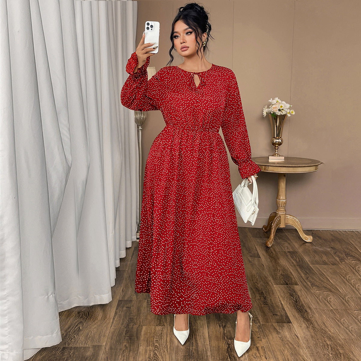 Plus Size Polka Dot Chiffon Dress With Flared Sleeves