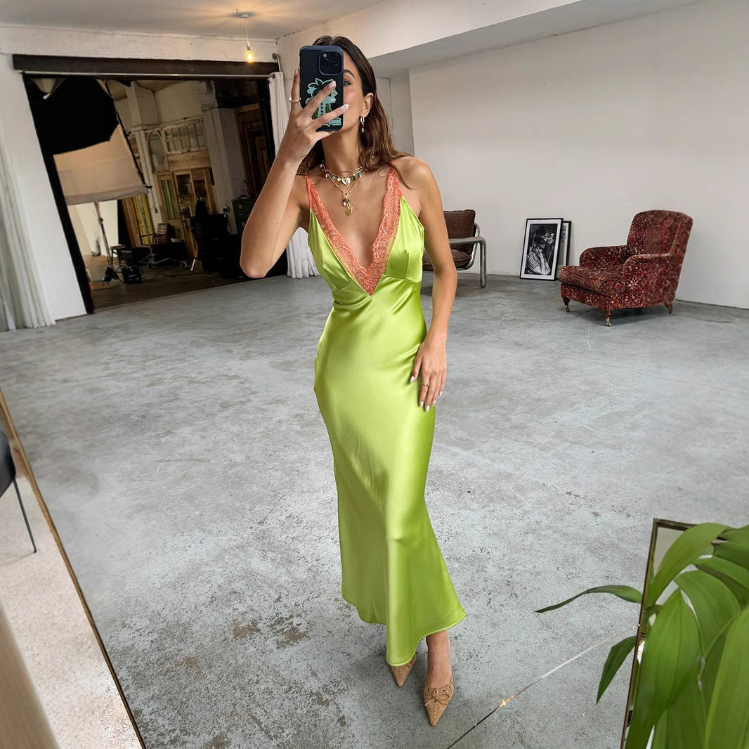 Lace Trim V-Neck Cami Maxi Dress