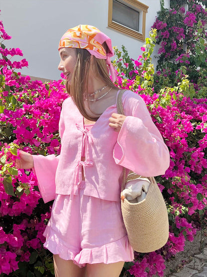 Cotton Tie-Front Cardigan And Shorts Set Casual Chic