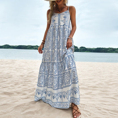Summer New Blue Print Boho Style Suspenders Large Swing High Waist Loose Ladies Dress