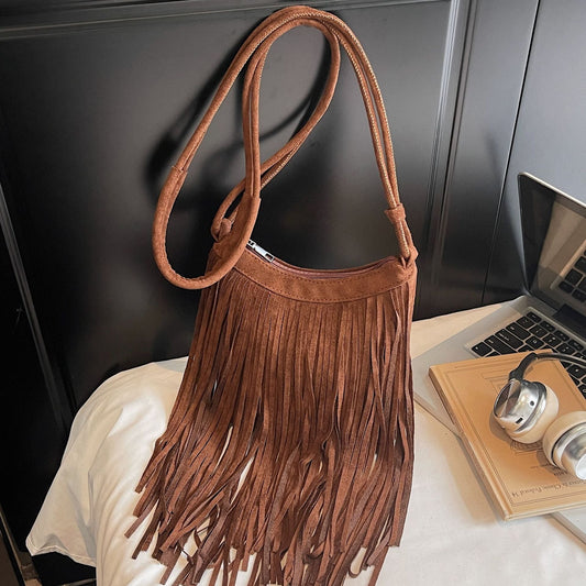 Vintage Suede Fringe Crossbody Bag Stylish PU Leather Shoulder Bag