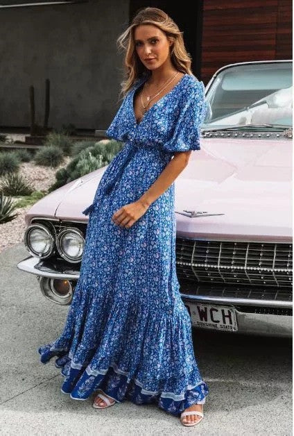 Bohemian Summer High Waist Lace Up V-Neck Loose Large Hem Dress Seaside Long Dress