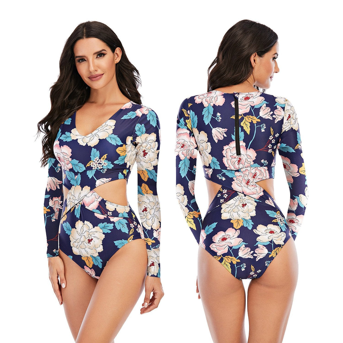 Jumpsuit Long-Sleeved Surfwear Sunscreen Women'S Swimsuit Hot Spring Wetsuit Sexy Swimwear Oni Flower