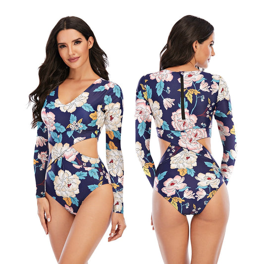 Jumpsuit Long-Sleeved Surfwear Sunscreen Women'S Swimsuit Hot Spring Wetsuit Sexy Swimwear Oni Flower