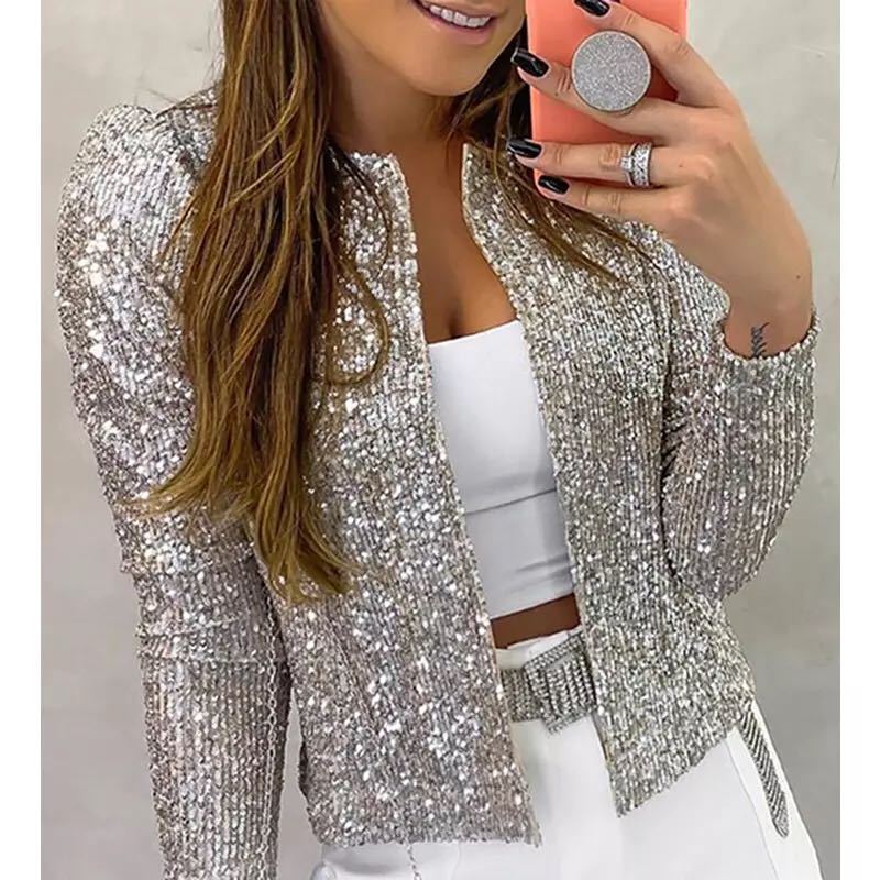New Women'S Fashion Stand-Up Collar Color Block Color Sequin Coat Short Casual Versatile Small Coat
