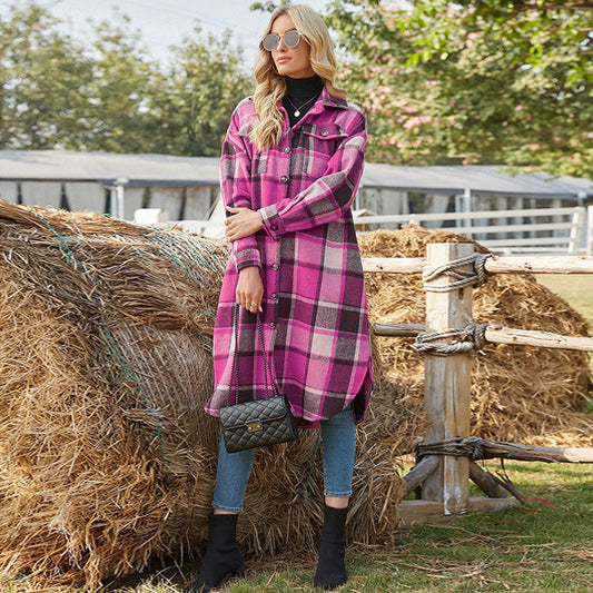 Temperament Commuter Windbreaker Side Slit Lapel Loose Women'S Wool Plaid Shirt Jacket
