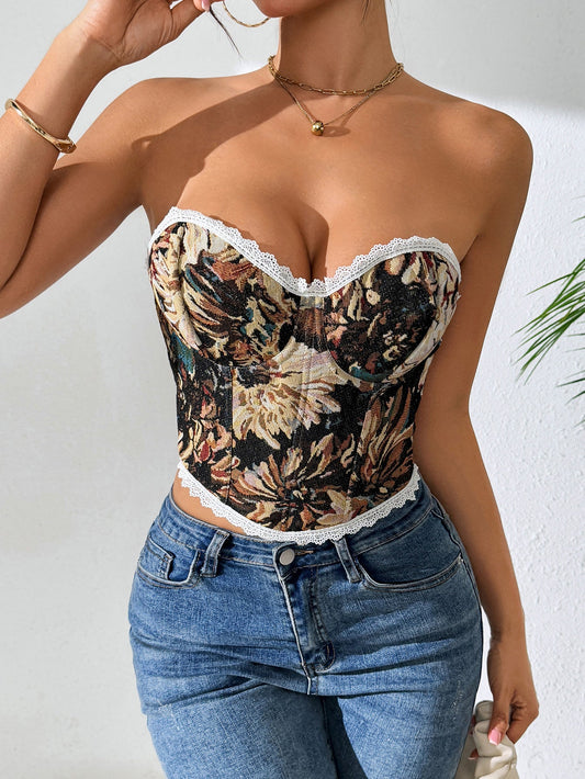 Sexy Floral Bustier Top Backless Vintage Tank Top