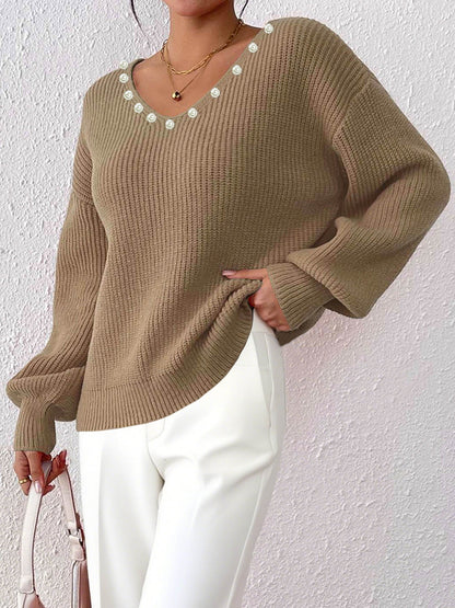 Loose Fit Pearl V-Neck Sweater For Women Casual Street Style