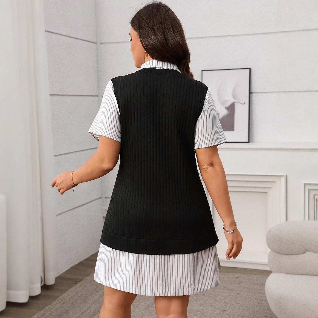 Plus Size Striped & Checkered Short Sleeve Dress