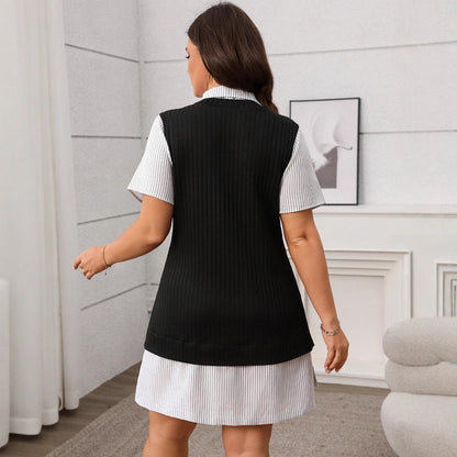 Plus Size Striped & Checkered Short Sleeve Dress