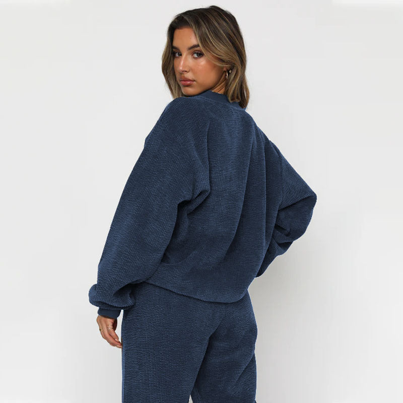 Solid Color Corduroy Casual Pullover Set
