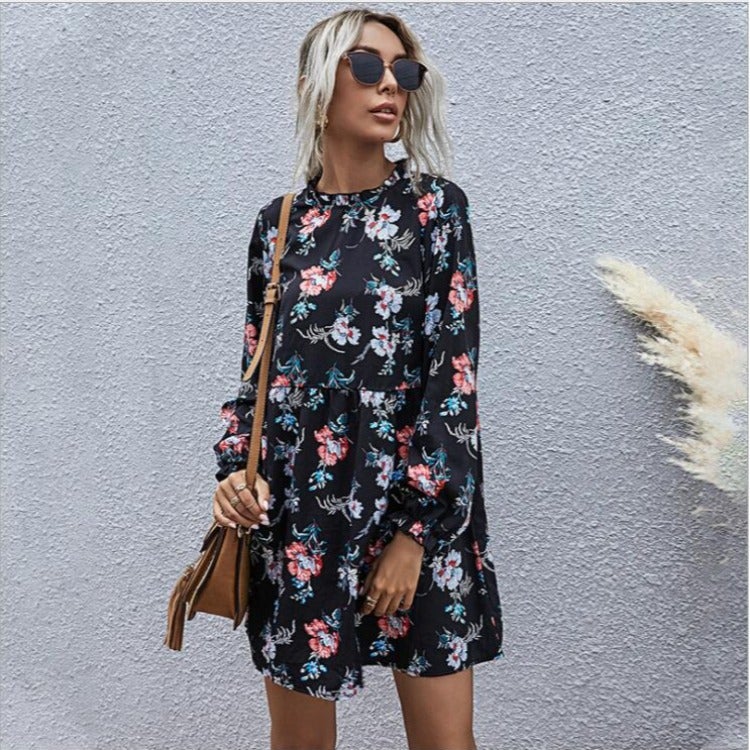 Black Background Small Collar Fashion Leisure High Waist A-Line Skirt Temperament Autumn And Winter Dress Women'S Long Sleeves