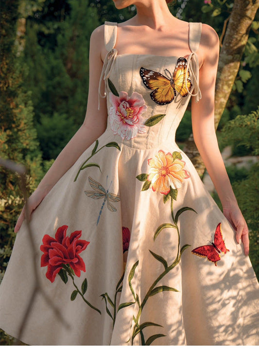 New Three-Dimensional Flowers In Summer, Vintage Waist Slimming Slip Dress