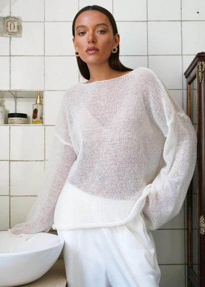 Sheer Knit Sweater Red Lightweight Relaxed Fit