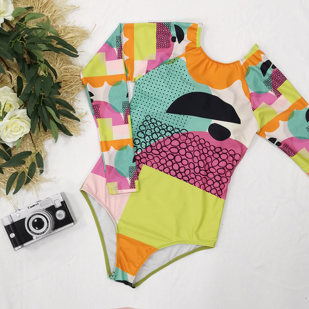 Long Sleeve Abstract Printed One-Piece Swimsuit Women'S Surfing Suit Swimwear Sports Sexy Surfing Wetsuit