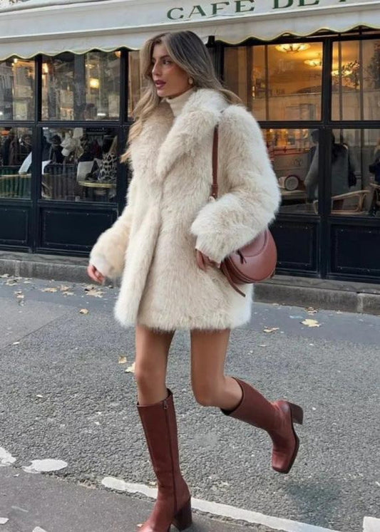 Plush Faux Fur Coat Ivory Cozy Elegant