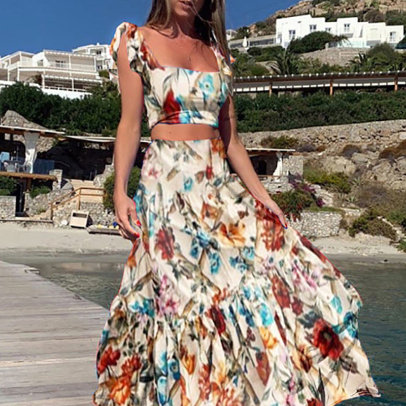 New Women'S Waist Top Fashion Sexy Dress Long Dress Two-Piece Set