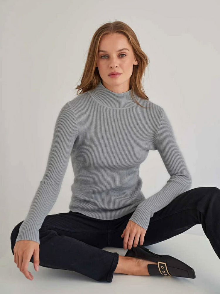Solid Color Mock Neck Sweater Women Trendy Slim Fit Long Sleeve