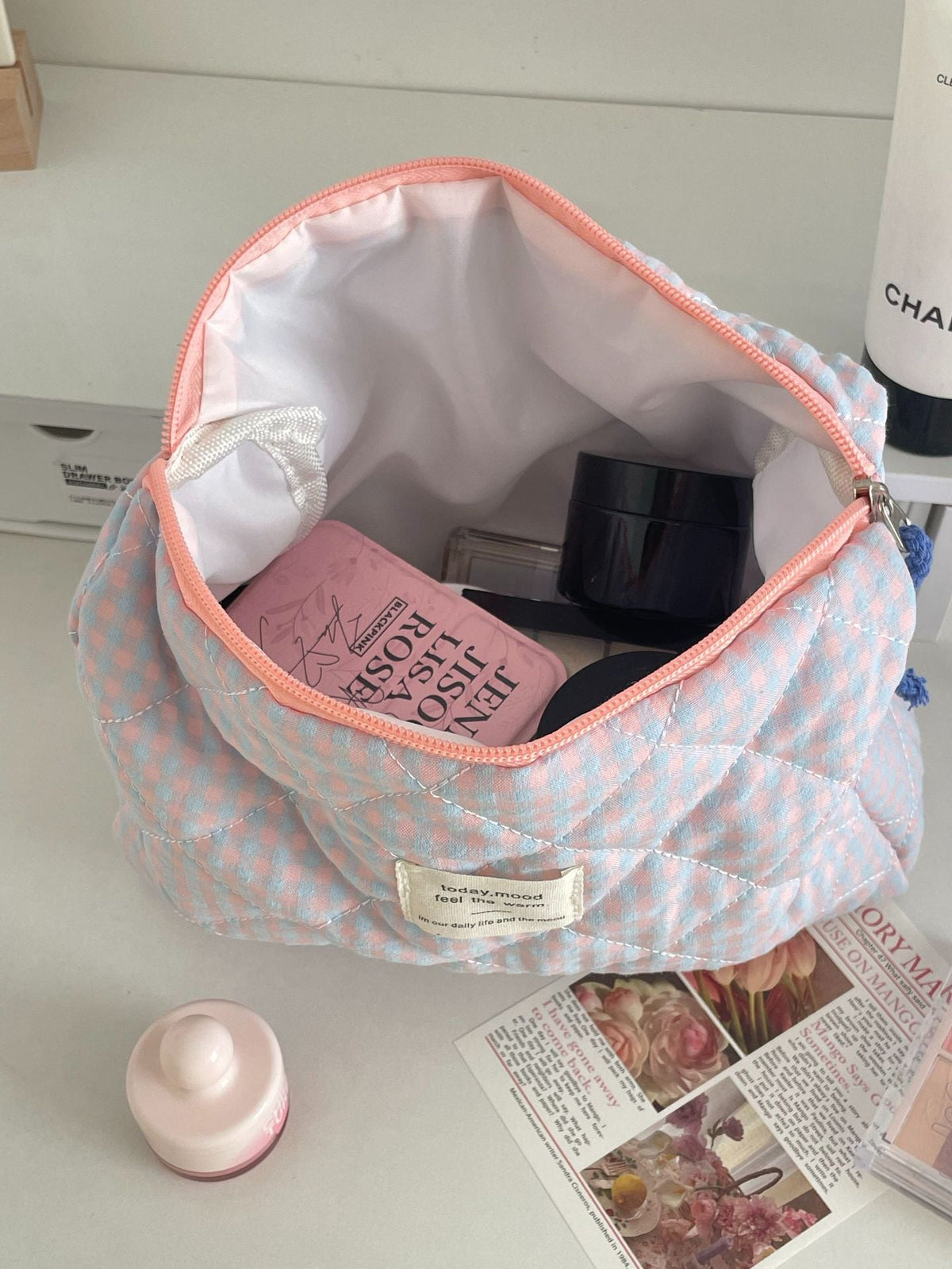 Color Block Plaid Makeup Bag Stylish Quilted Storage Organizer