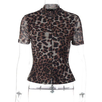 Leopard Print Short Sleeve Top Slim Fit Trendy Streetwear