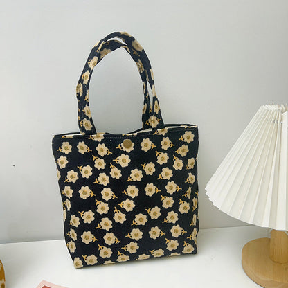 Retro Floral Corduroy Tote Bag Stylish Soft Handbag