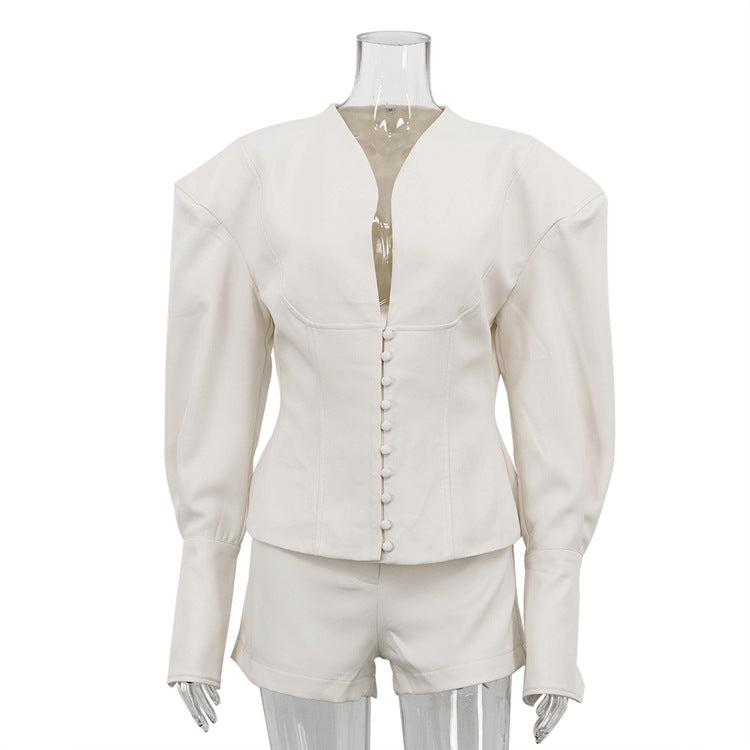 Elegant V-Neck Long Sleeve Top and Shorts Set