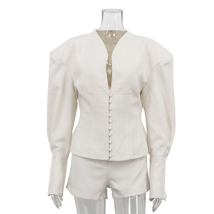 Elegant V-Neck Long Sleeve Top and Shorts Set