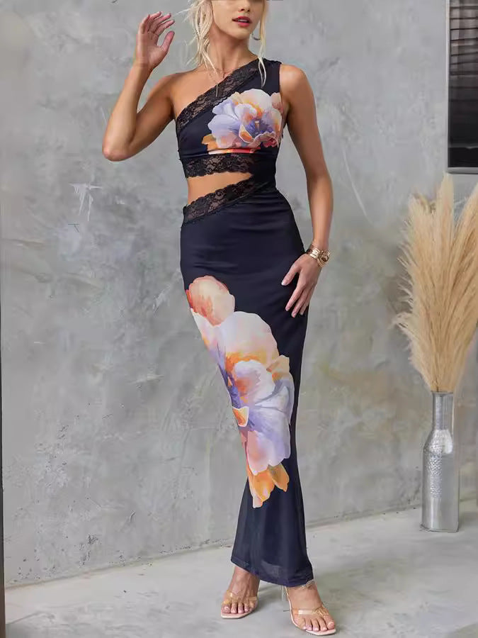 Black Floral Lace Mesh Bodycon Dress for Women