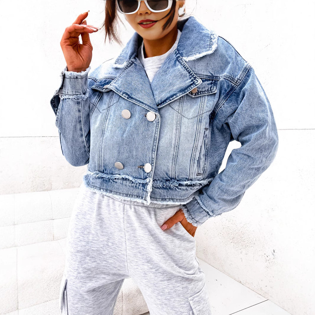 Loose Fit Denim Jacket with Suit Collar for Women