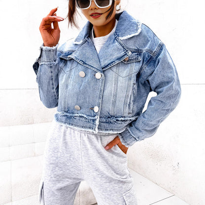 Loose Fit Denim Jacket with Suit Collar for Women