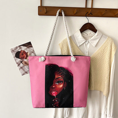 Classic Outdoor Canvas Tote Bag with Cartoon Print