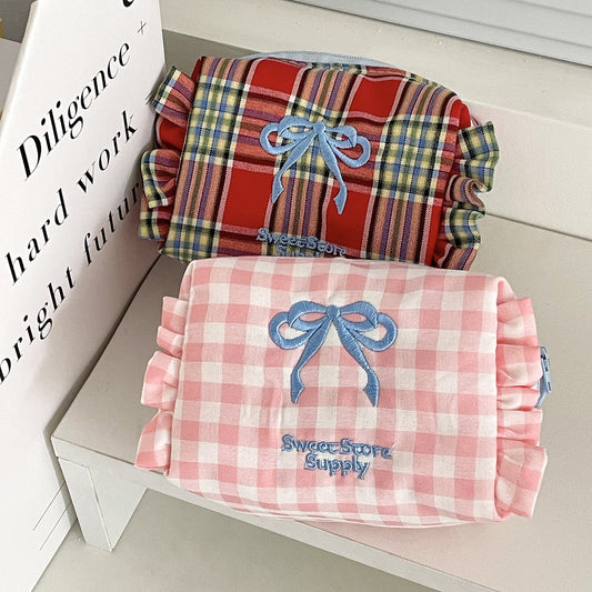 Cute Checkered Bow Coin Purse Portable Travel Bag
