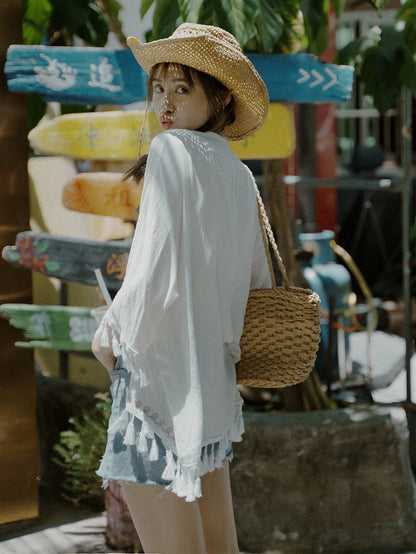 Ethnic Style Embroidery Bohemian Tassel Cardigan, Elegant And Super Immortal Sun Protection Shirt, Beach Outerwear, Loose And Thin Jacket