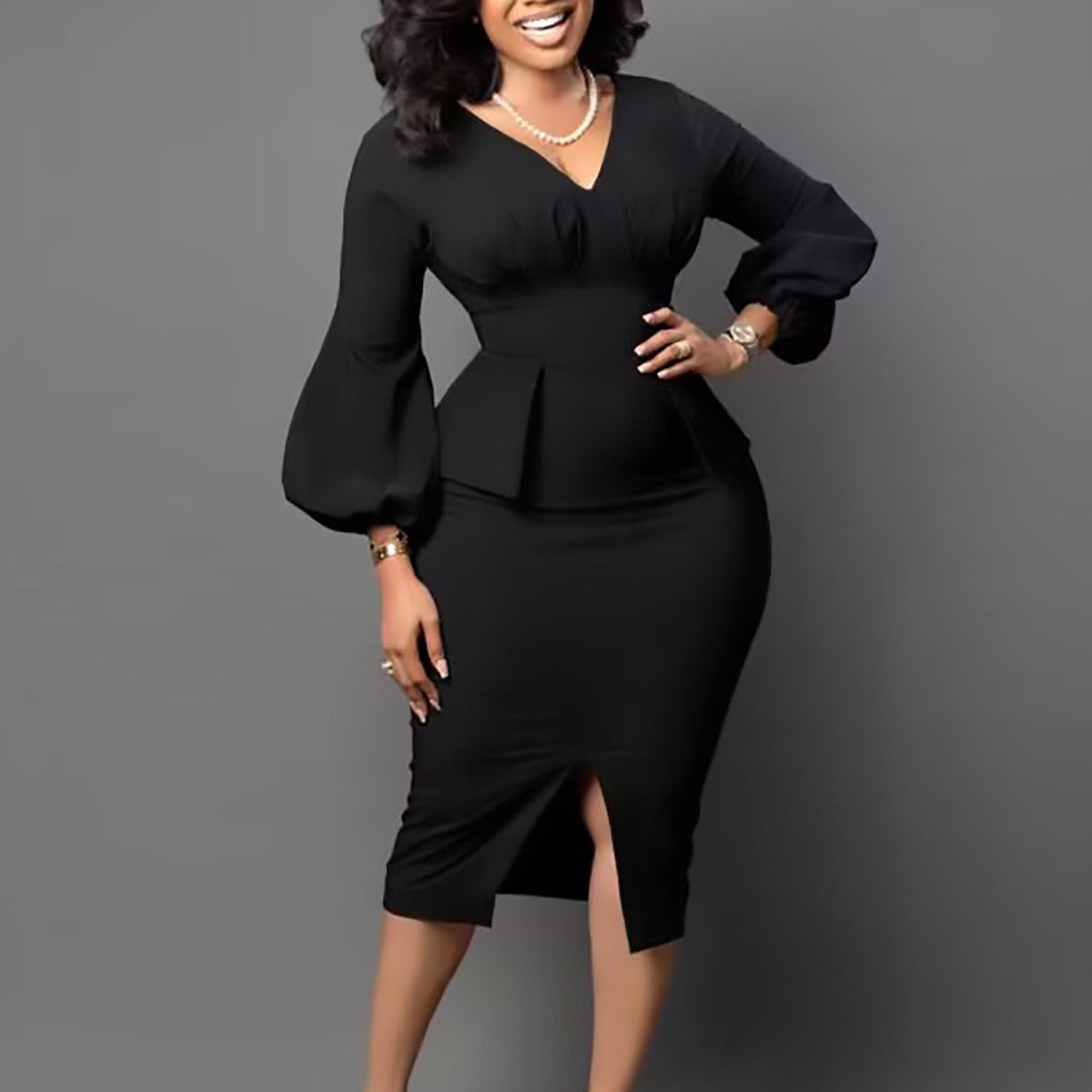 V-Neck Puff Sleeve High Waist Pencil Dress