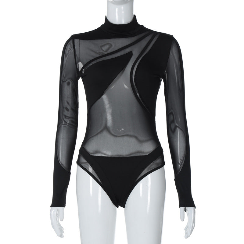 Sexy Sheer Mesh Long Sleeve Bodysuit for Women