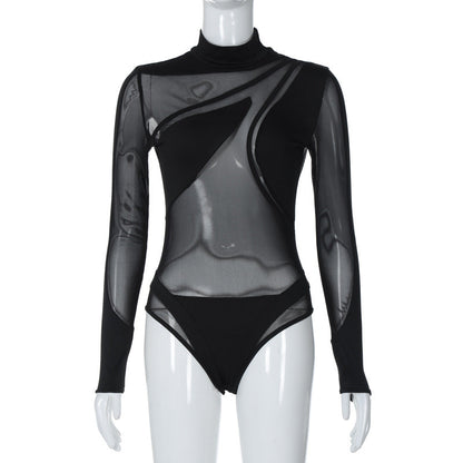 Sexy Sheer Mesh Long Sleeve Bodysuit for Women