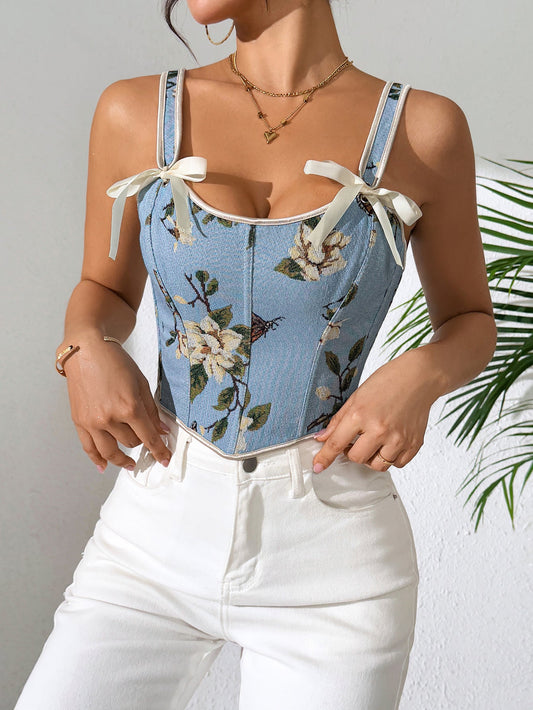 Sensual Floral Lace-Up Cami Top Vintage Style