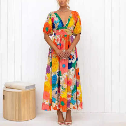 French Floral Puff Sleeve V Neck Maxi Dress
