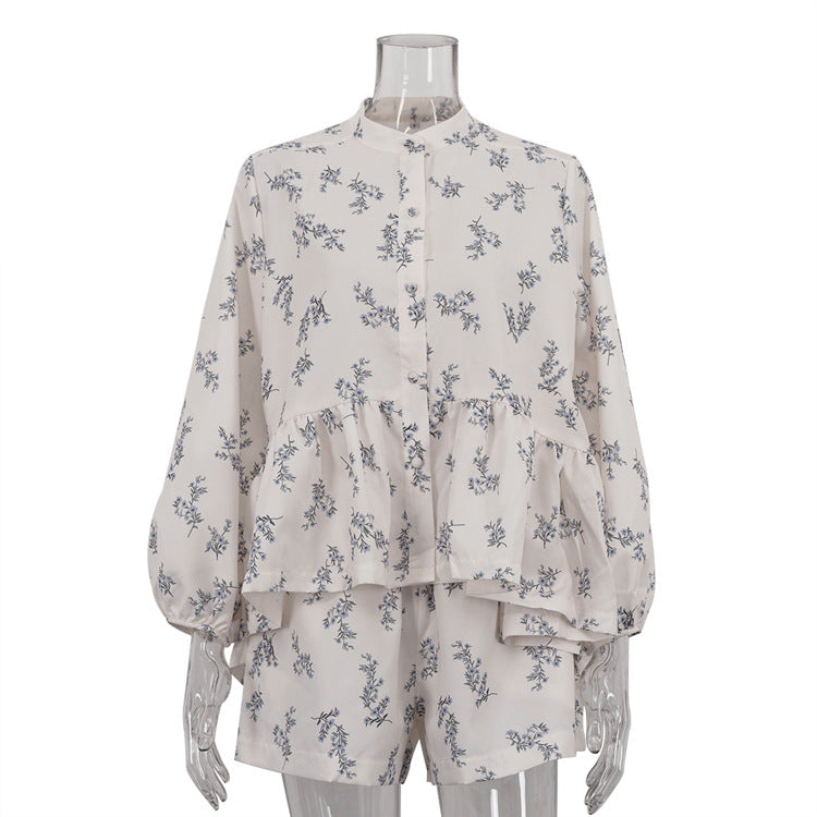 French Style Ruffle Bloom Sleeve Top And Shorts Set