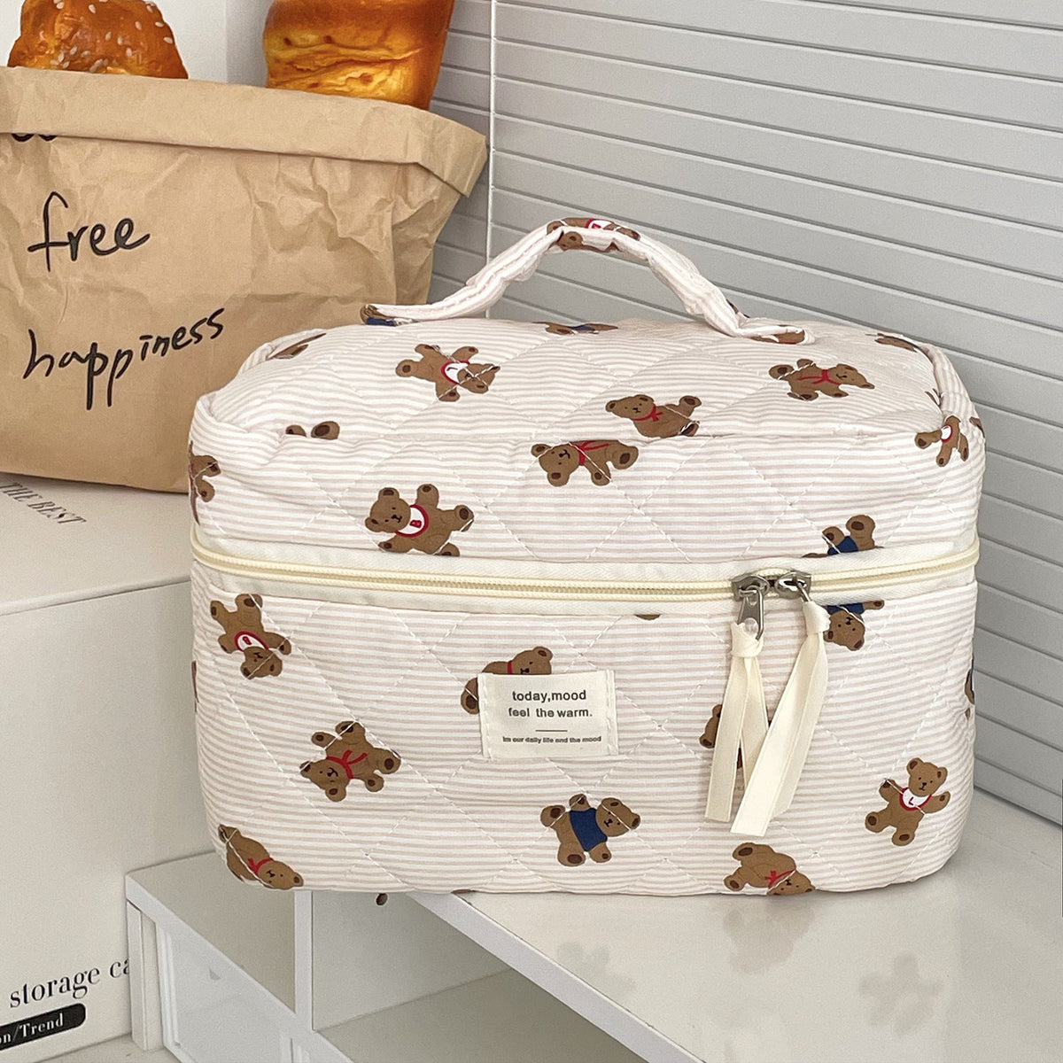 Cute Pink Striped Bear Makeup Bag Portable Cartoon Toiletry Pouch