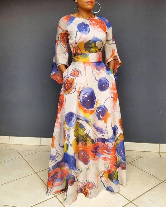 Mid-Waist Temperament Commuter Plus Size Women'S Blue Temperament Print Waist Pullover Dress