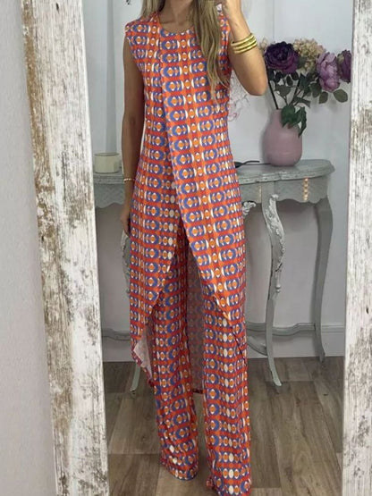 Trendy Floral Print Sleeveless Top and Long Pants Set