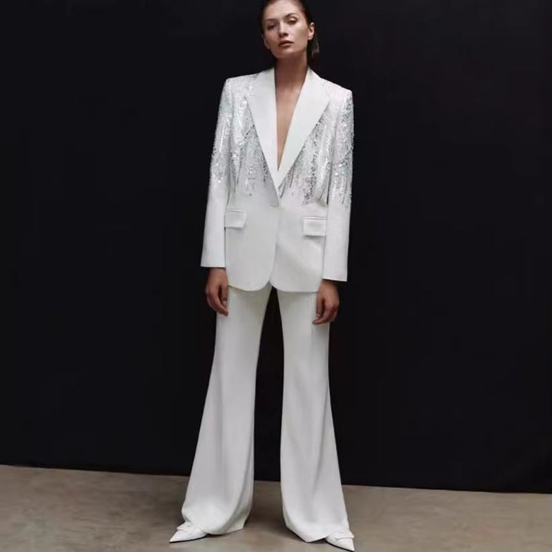 Beaded Sequin Suit Set Long Pants Elegant Street Style